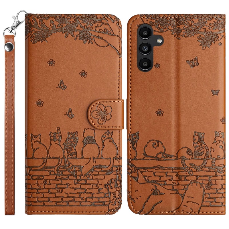 Cute Cat Embossed Wallet Phone Case for Samsung Galaxy with Card Holder and Lanyard