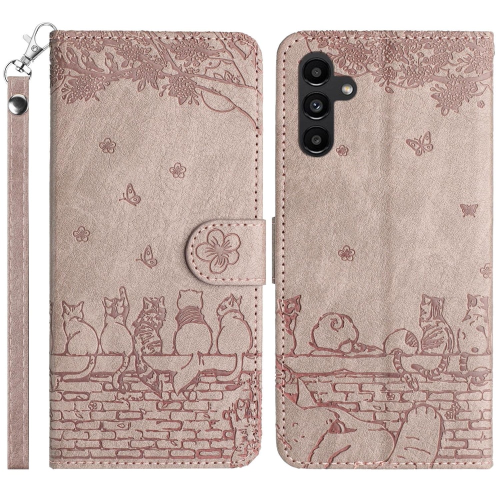 Cute Cat Embossed Wallet Phone Case for Samsung Galaxy with Card Holder and Lanyard