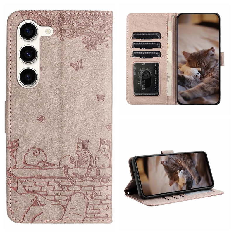 Cute Cat Embossed Wallet Phone Case for Samsung Galaxy with Card Holder and Lanyard
