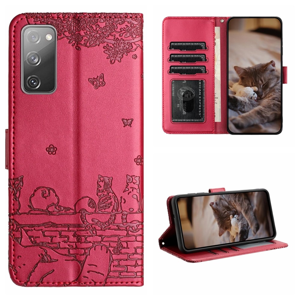 Cute Cat Embossed Wallet Phone Case for Samsung Galaxy with Card Holder and Lanyard