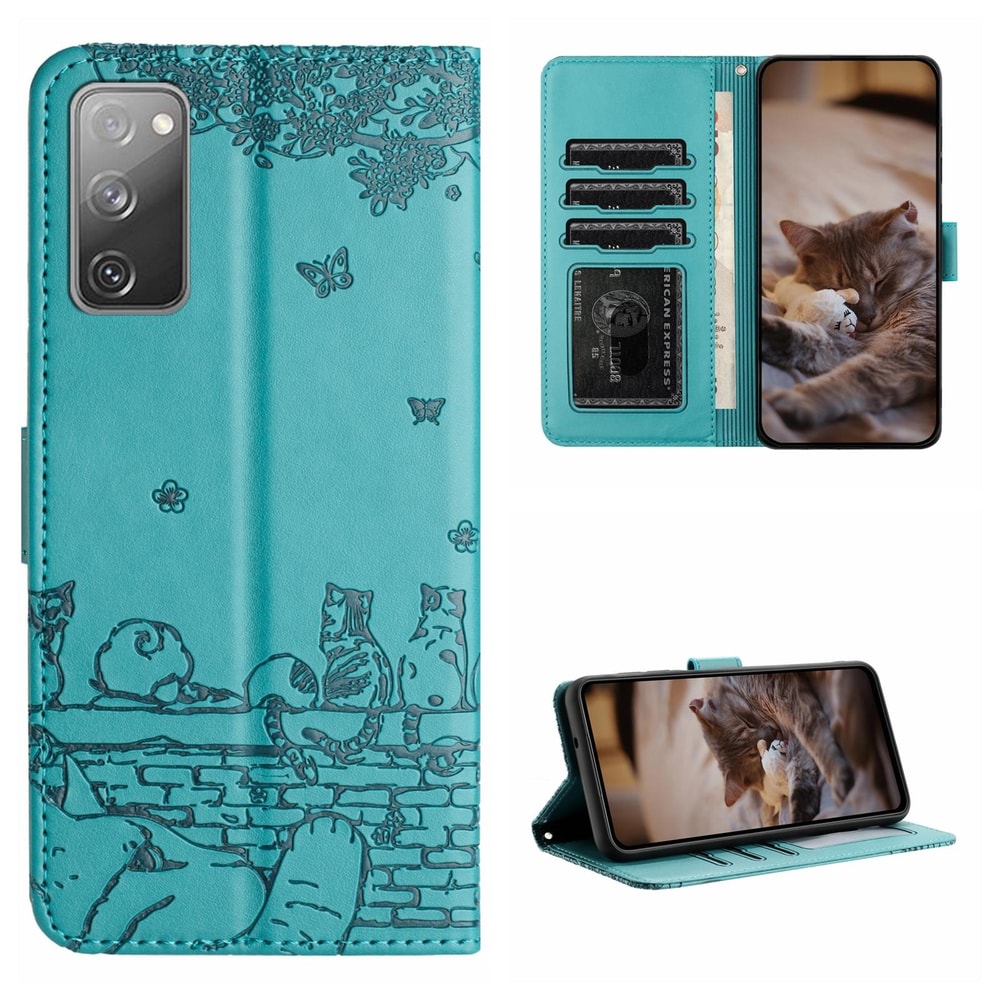 Cute Cat Embossed Wallet Phone Case for Samsung Galaxy with Card Holder and Lanyard