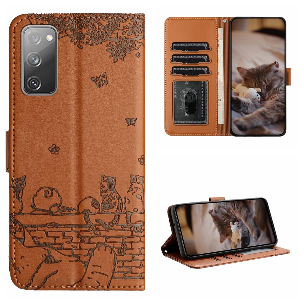 Cute Cat Embossed Wallet Phone Case for Samsung Galaxy with Card Holder and Lanyard