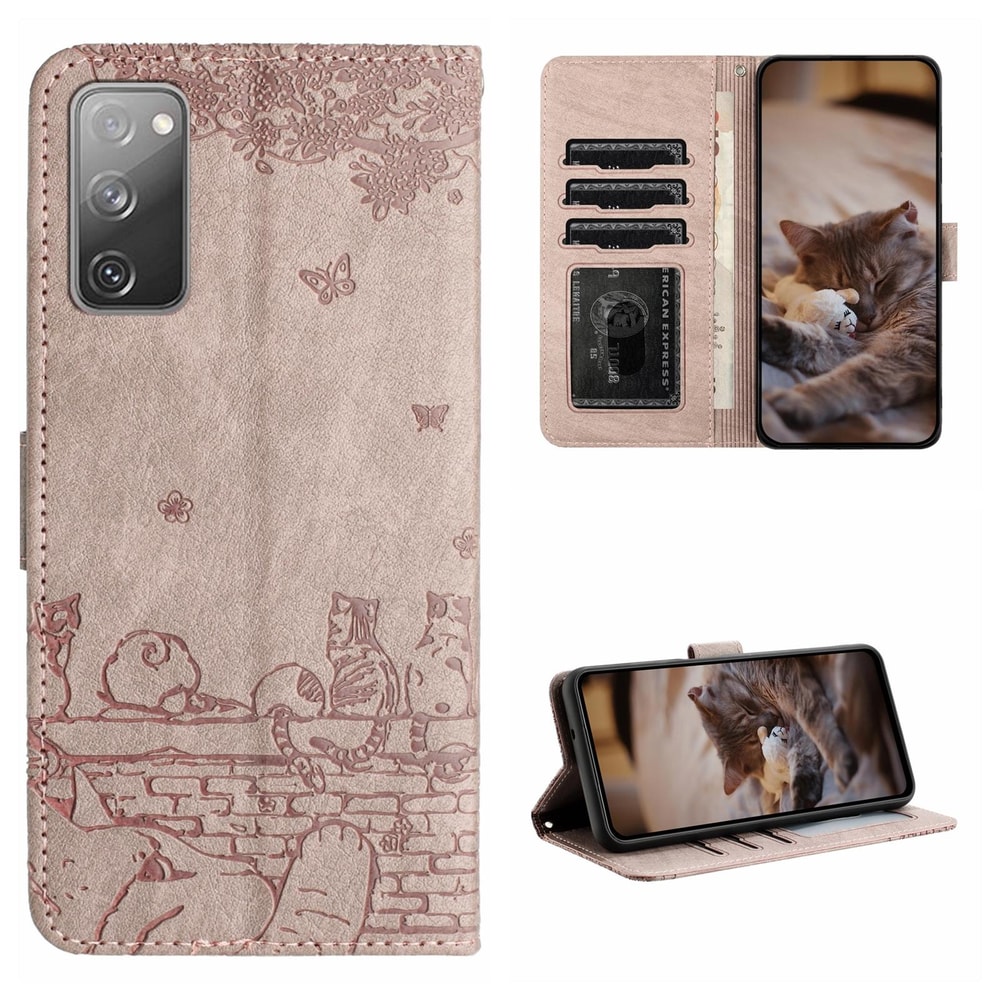 Cute Cat Embossed Wallet Phone Case for Samsung Galaxy with Card Holder and Lanyard