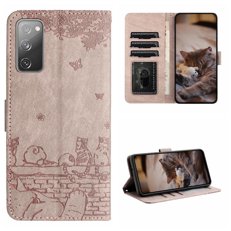 Cute Cat Embossed Wallet Phone Case for Samsung Galaxy with Card Holder and Lanyard