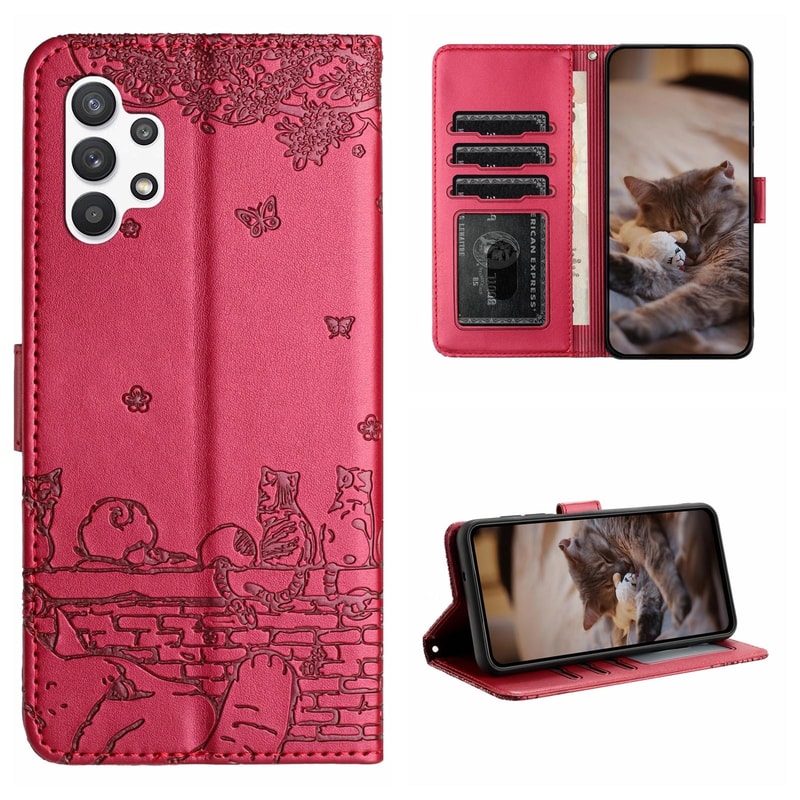 Cute Cat Embossed Wallet Phone Case for Samsung Galaxy with Card Holder and Lanyard