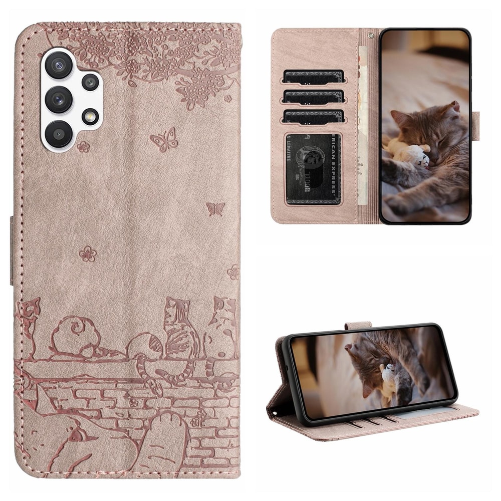 Cute Cat Embossed Wallet Phone Case for Samsung Galaxy with Card Holder and Lanyard