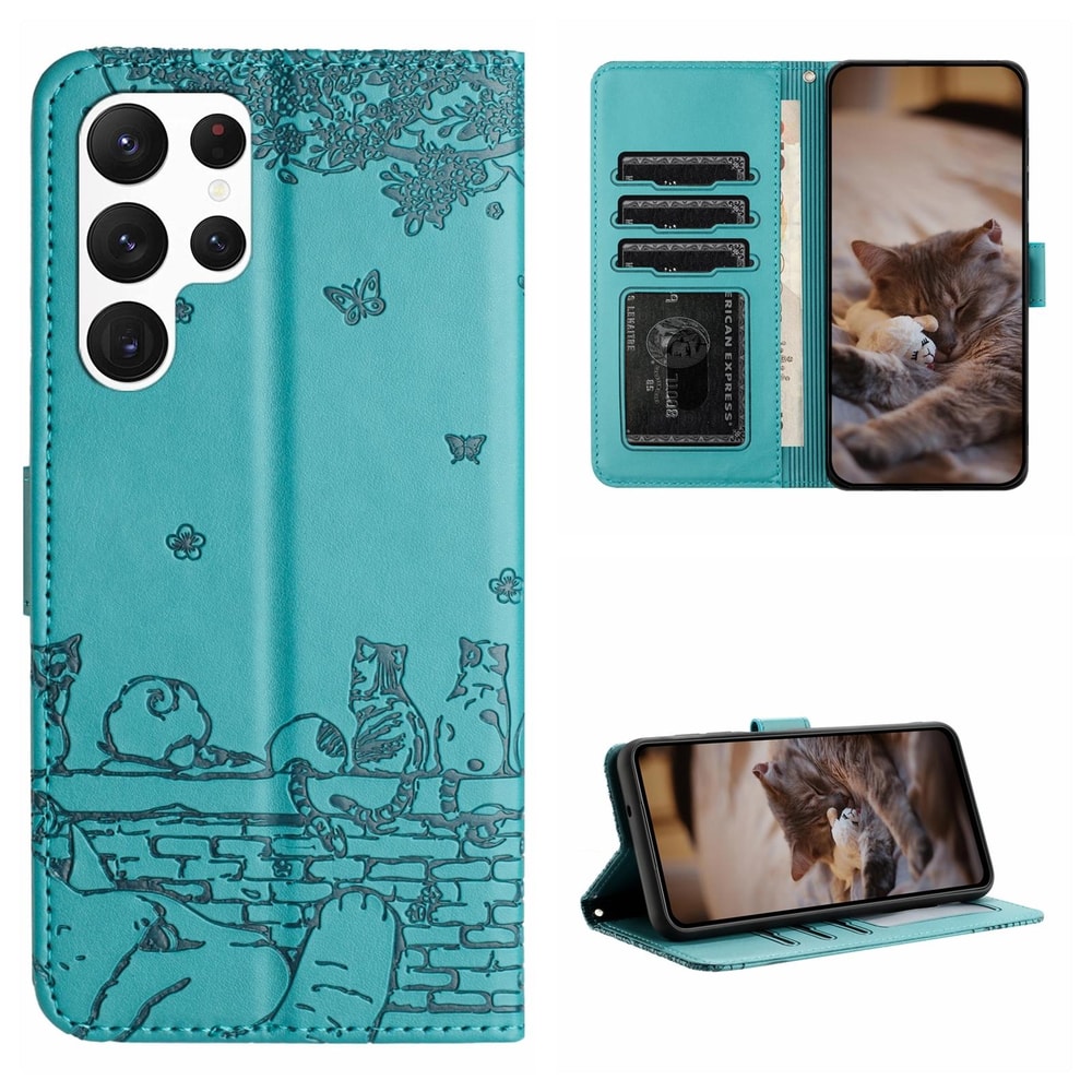 Cute Cat Embossed Wallet Phone Case for Samsung Galaxy with Card Holder and Lanyard