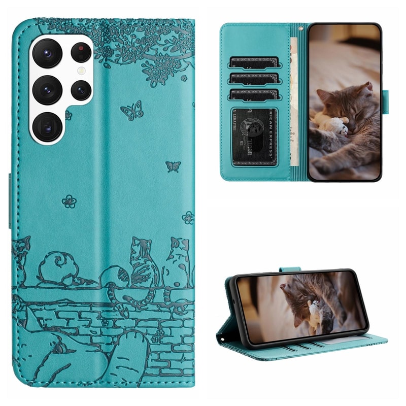 Cute Cat Embossed Wallet Phone Case for Samsung Galaxy with Card Holder and Lanyard