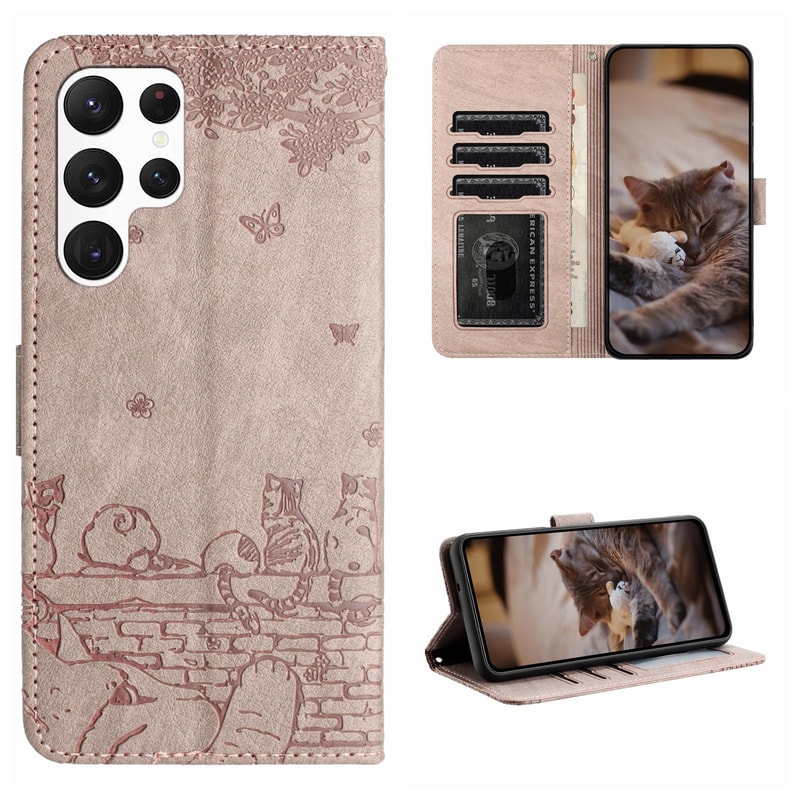 Cute Cat Embossed Wallet Phone Case for Samsung Galaxy with Card Holder and Lanyard