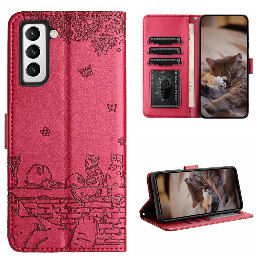 Cute Cat Embossed Wallet Phone Case for Samsung Galaxy with Card Holder and Lanyard