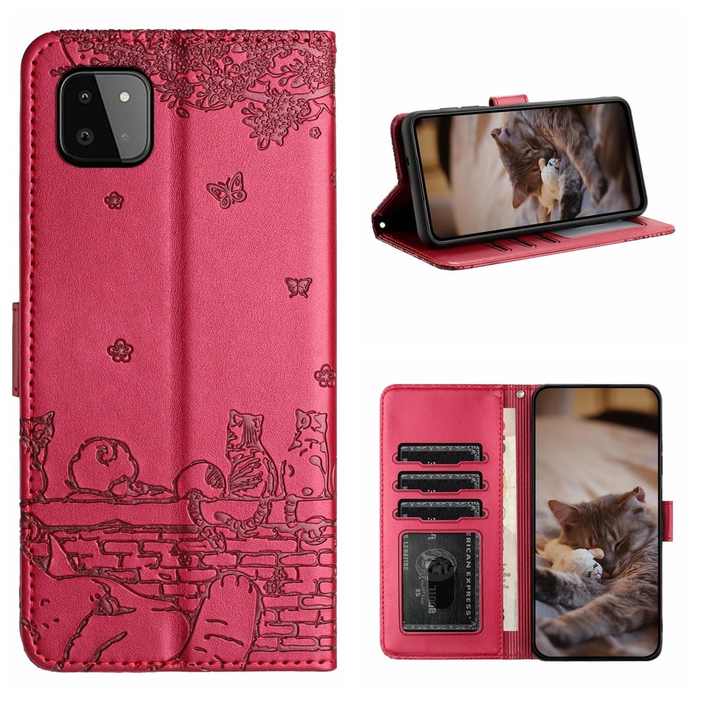Cute Cat Embossed Wallet Phone Case for Samsung Galaxy with Card Holder and Lanyard