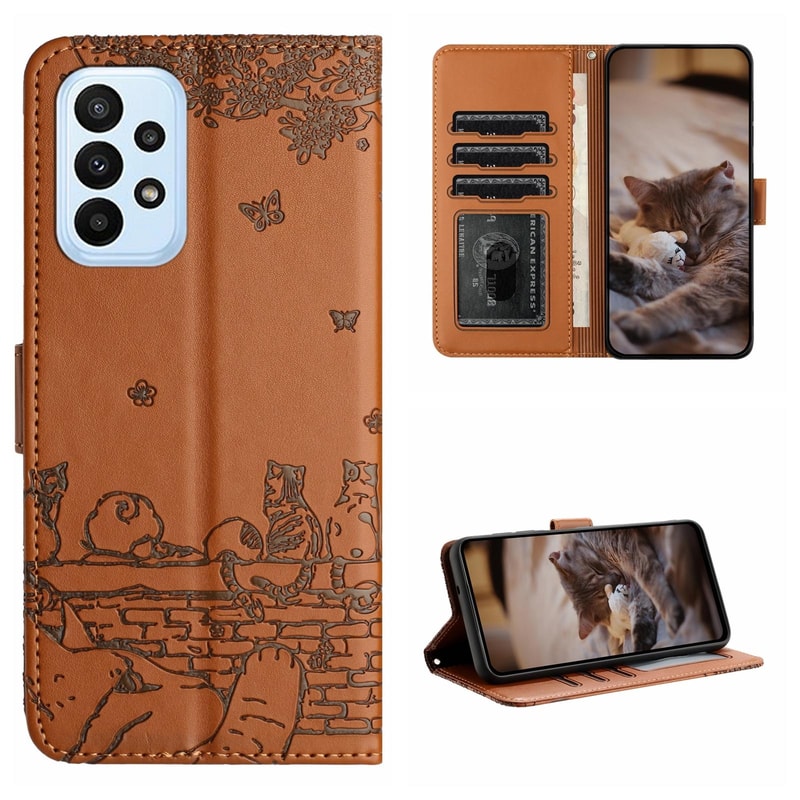 Cute Cat Embossed Wallet Phone Case for Samsung Galaxy with Card Holder and Lanyard