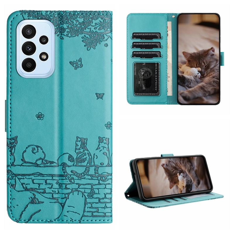 Cute Cat Embossed Wallet Phone Case for Samsung Galaxy with Card Holder and Lanyard