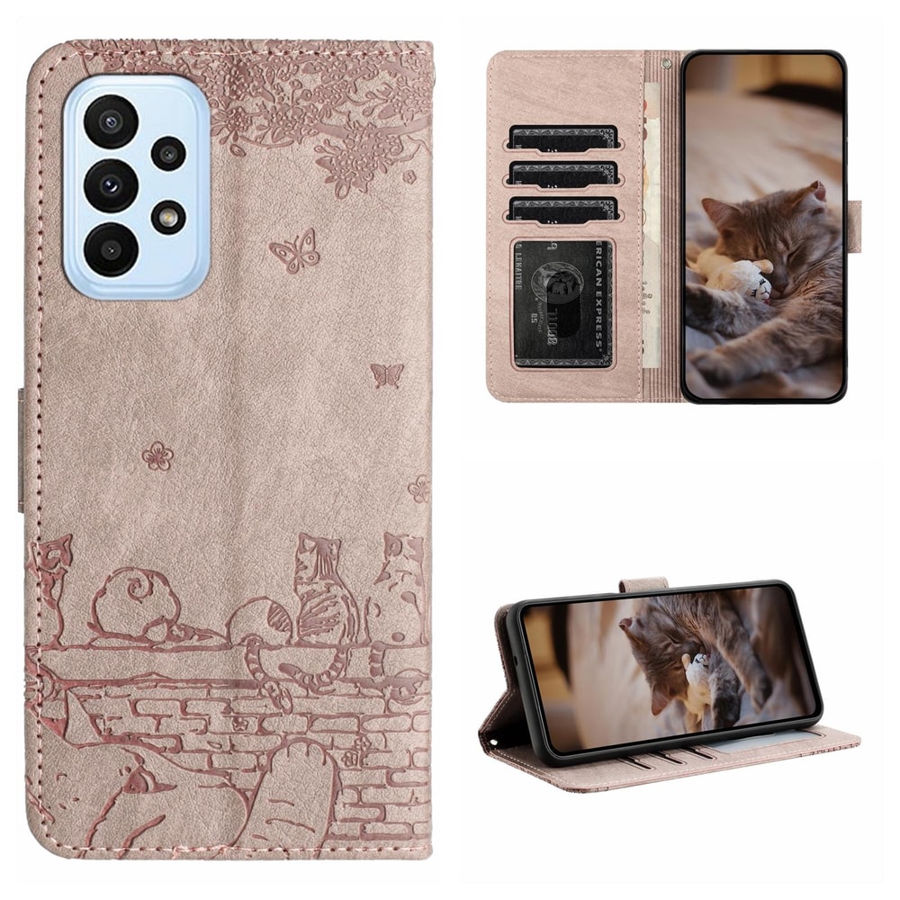 Cute Cat Embossed Wallet Phone Case for Samsung Galaxy with Card Holder and Lanyard
