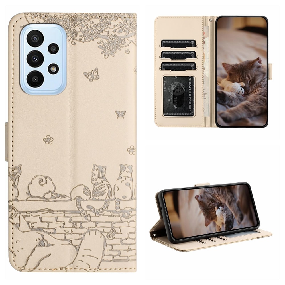 Cute Cat Embossed Wallet Phone Case for Samsung Galaxy with Card Holder and Lanyard
