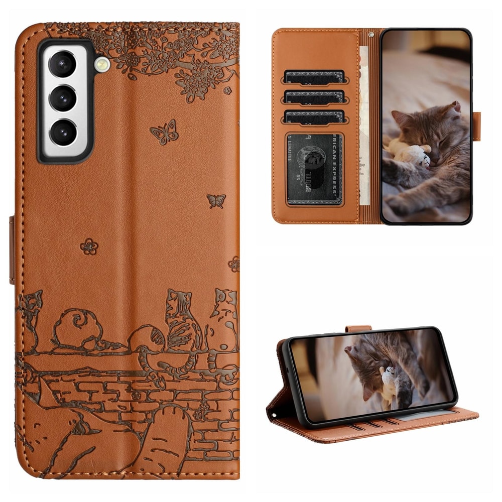 Cute Cat Embossed Wallet Phone Case for Samsung Galaxy with Card Holder and Lanyard