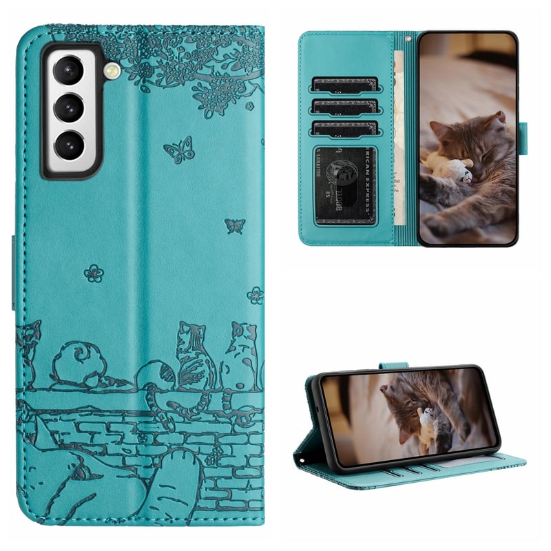 Cute Cat Embossed Wallet Phone Case for Samsung Galaxy with Card Holder and Lanyard