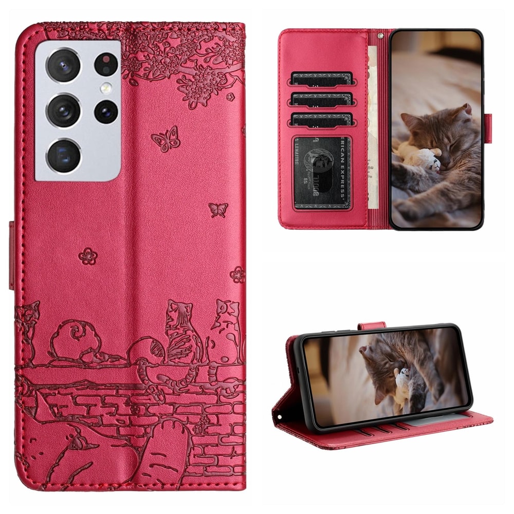 Cute Cat Embossed Wallet Phone Case for Samsung Galaxy with Card Holder and Lanyard