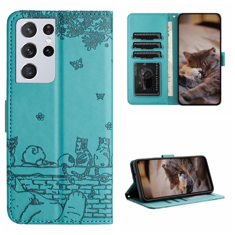 Cute Cat Embossed Wallet Phone Case for Samsung Galaxy with Card Holder and Lanyard