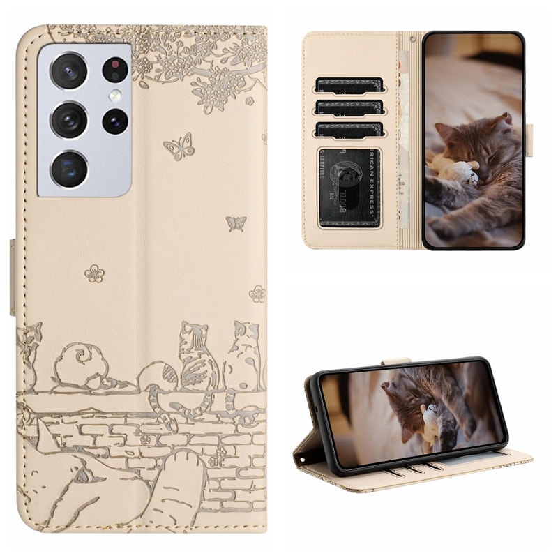 Cute Cat Embossed Wallet Phone Case for Samsung Galaxy with Card Holder and Lanyard