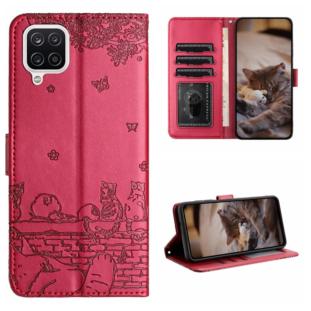 Cute Cat Embossed Wallet Phone Case for Samsung Galaxy with Card Holder and Lanyard