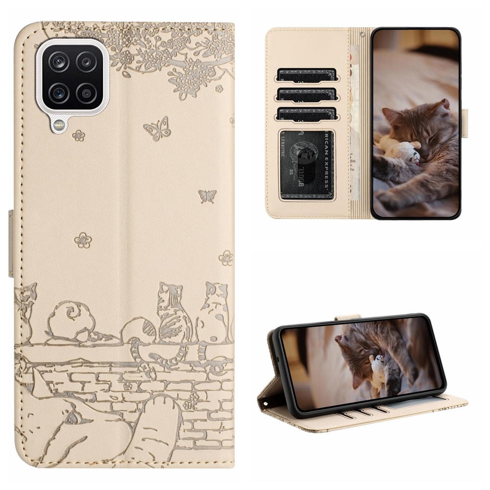 Cute Cat Embossed Wallet Phone Case for Samsung Galaxy with Card Holder and Lanyard
