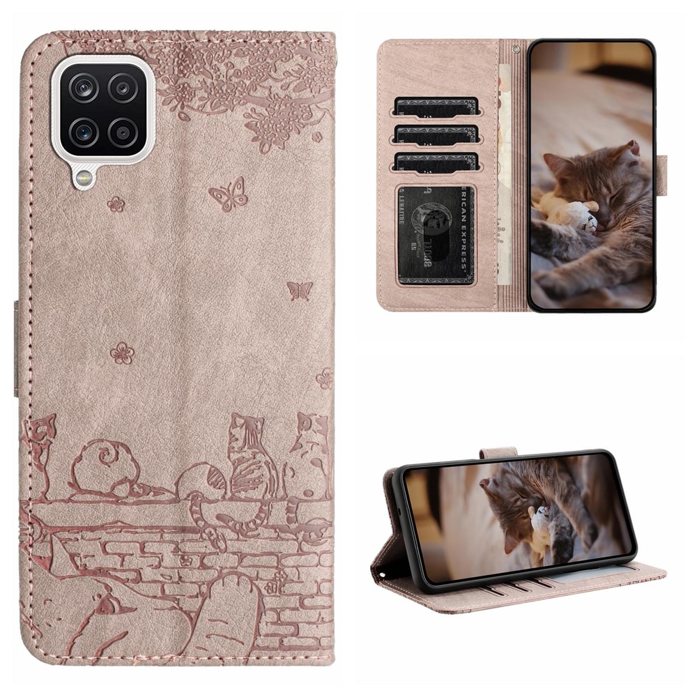 Cute Cat Embossed Wallet Phone Case for Samsung Galaxy with Card Holder and Lanyard