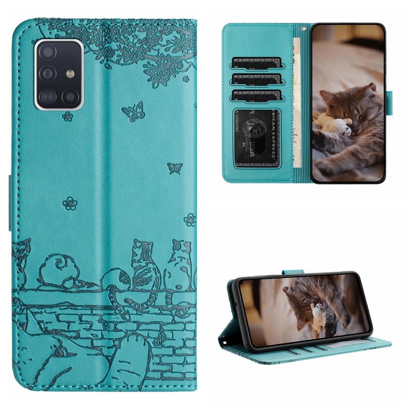 Cute Cat Embossed Wallet Phone Case for Samsung Galaxy with Card Holder and Lanyard