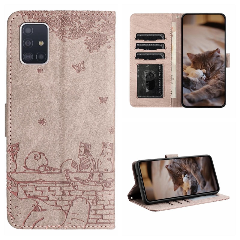 Cute Cat Embossed Wallet Phone Case for Samsung Galaxy with Card Holder and Lanyard
