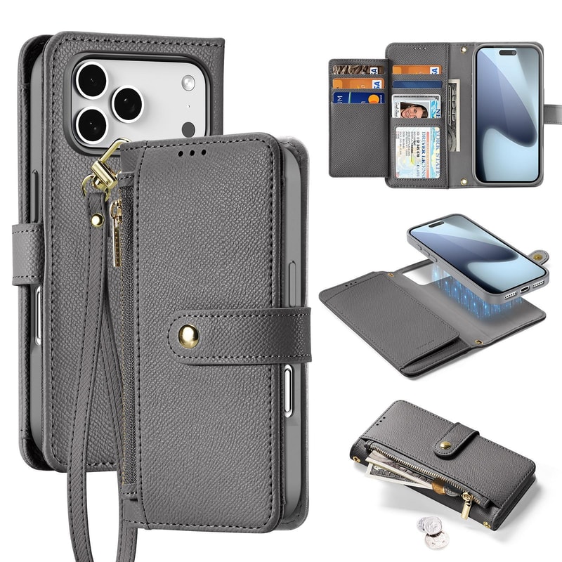 For IPhone Lawa Series 2 In 1 Wallet Zipper Detachable MagSafe Phone Case With Lanyard 12