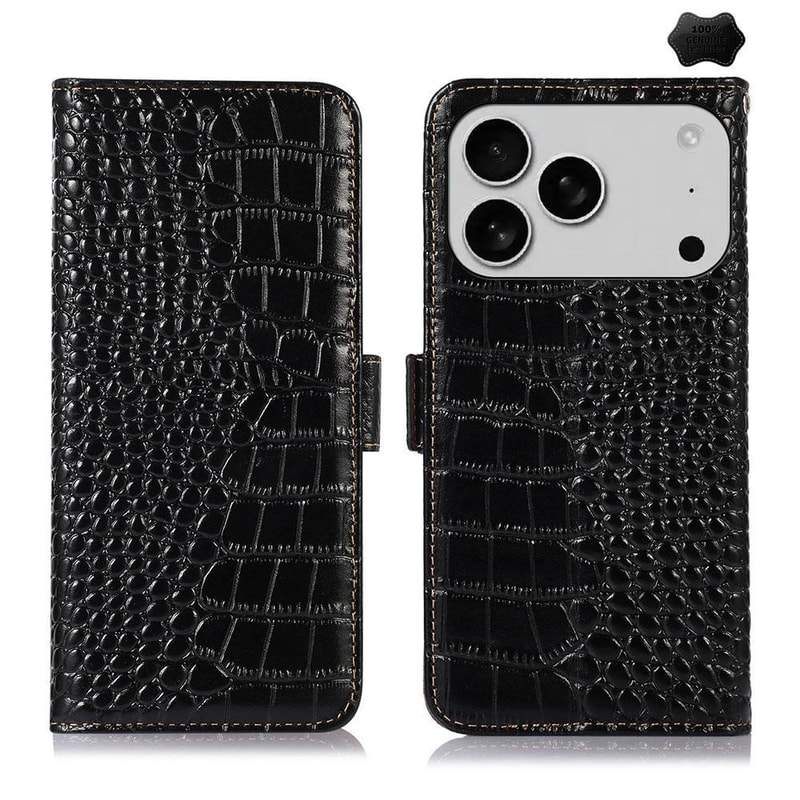 Crocodile Cowhide Leather Wallet Case with Stand for iPhone RFID Protection