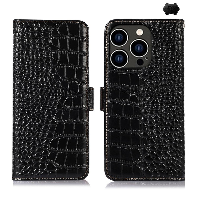 Crocodile Cowhide Leather Wallet Case with Stand for iPhone RFID Protection
