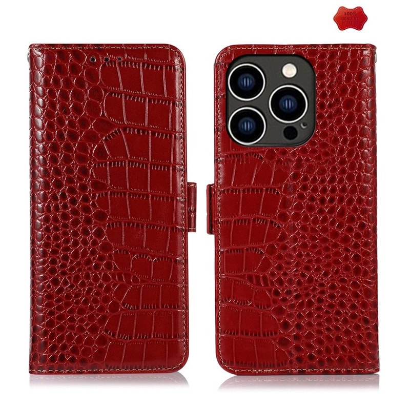 Crocodile Cowhide Leather Wallet Case with Stand for iPhone RFID Protection