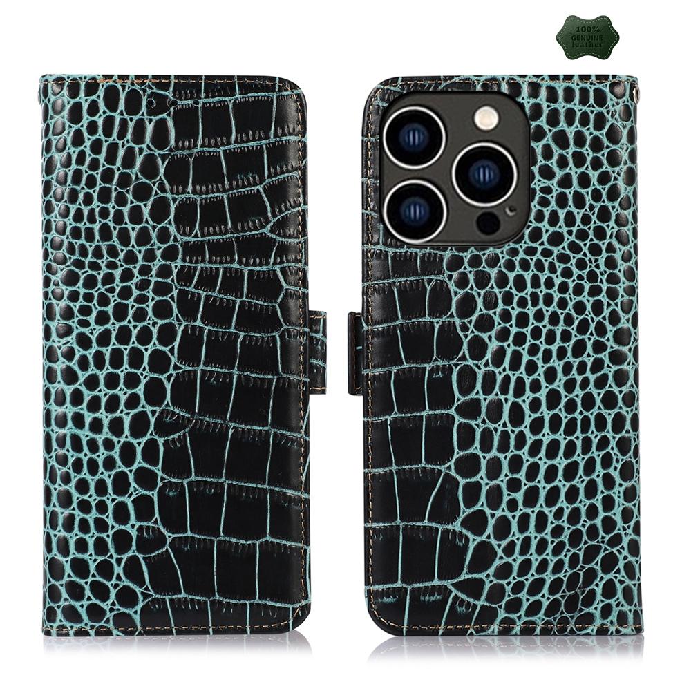 Crocodile Cowhide Leather Wallet Case with Stand for iPhone RFID Protection