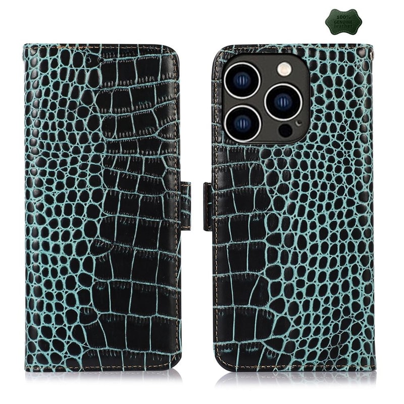 Crocodile Cowhide Leather Wallet Case with Stand for iPhone RFID Protection