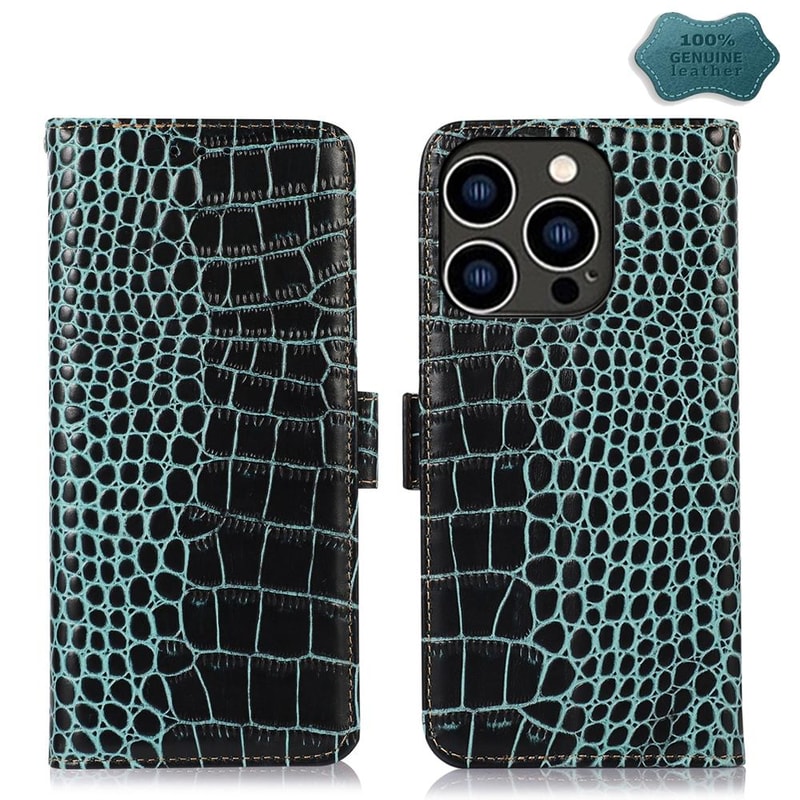 Crocodile Cowhide Leather Wallet Case with Stand for iPhone RFID Protection