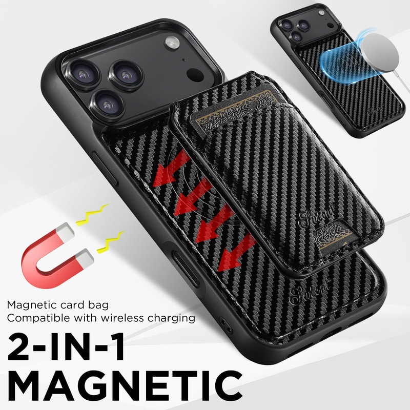 MagSafe Detachable Wallet Case For IPhone Carbon Fiber Leather Cover With Card Holder 2