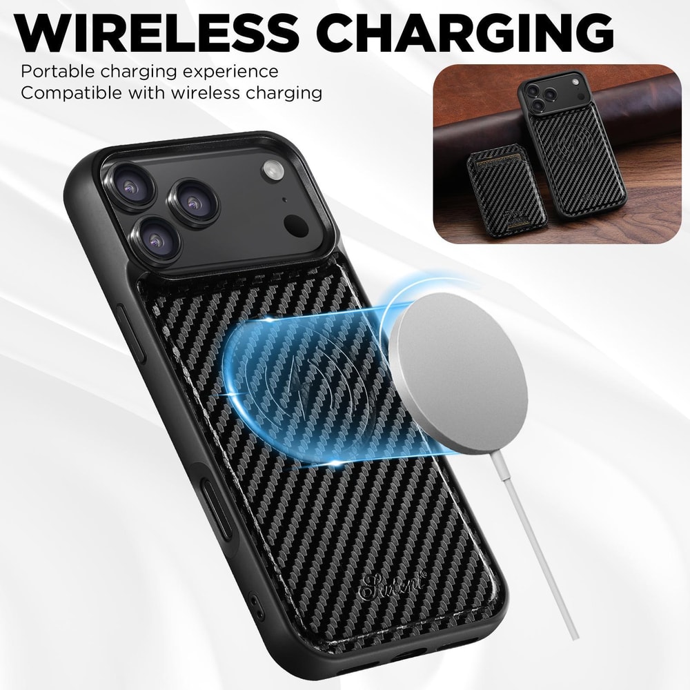 MagSafe Detachable Wallet Case For IPhone Carbon Fiber Leather Cover With Card Holder 3
