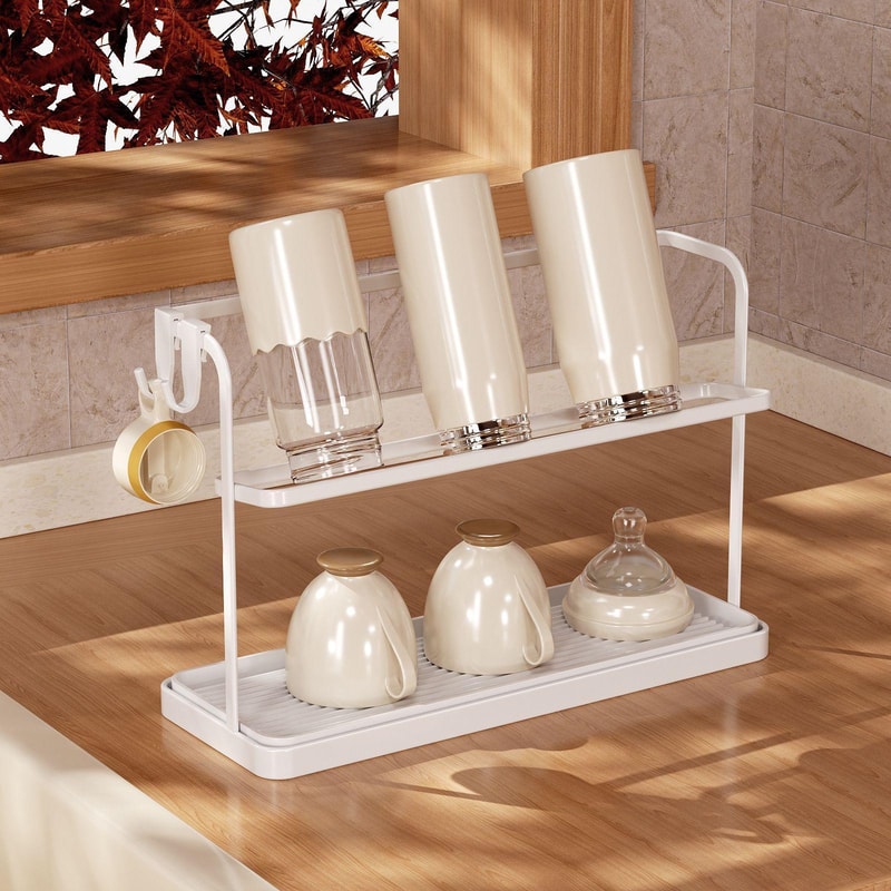 Double Tier Cup Rack Organizer with Drip Tray for Kitchen Counter Storage