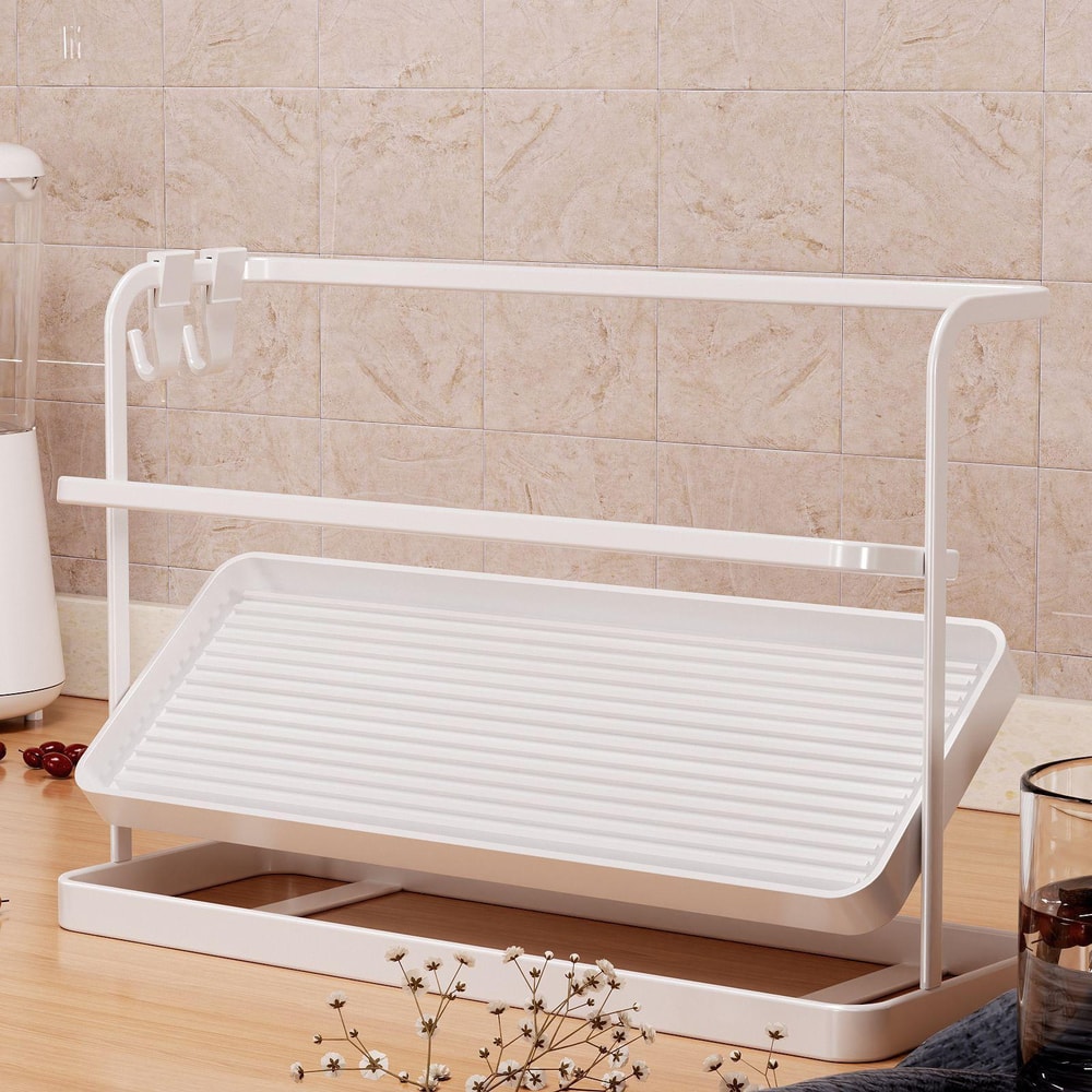 Double Tier Cup Rack Organizer with Drip Tray for Kitchen Counter Storage