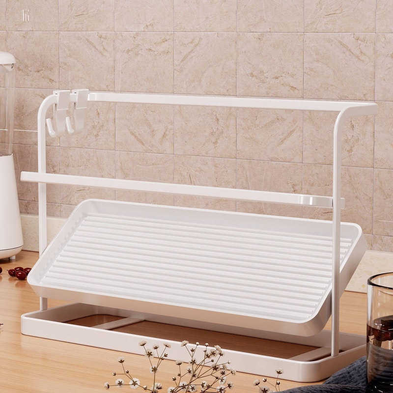 Double Tier Cup Rack Organizer with Drip Tray for Kitchen Counter Storage