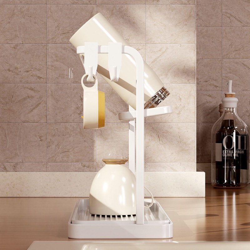 Double Tier Cup Rack Organizer with Drip Tray for Kitchen Counter Storage