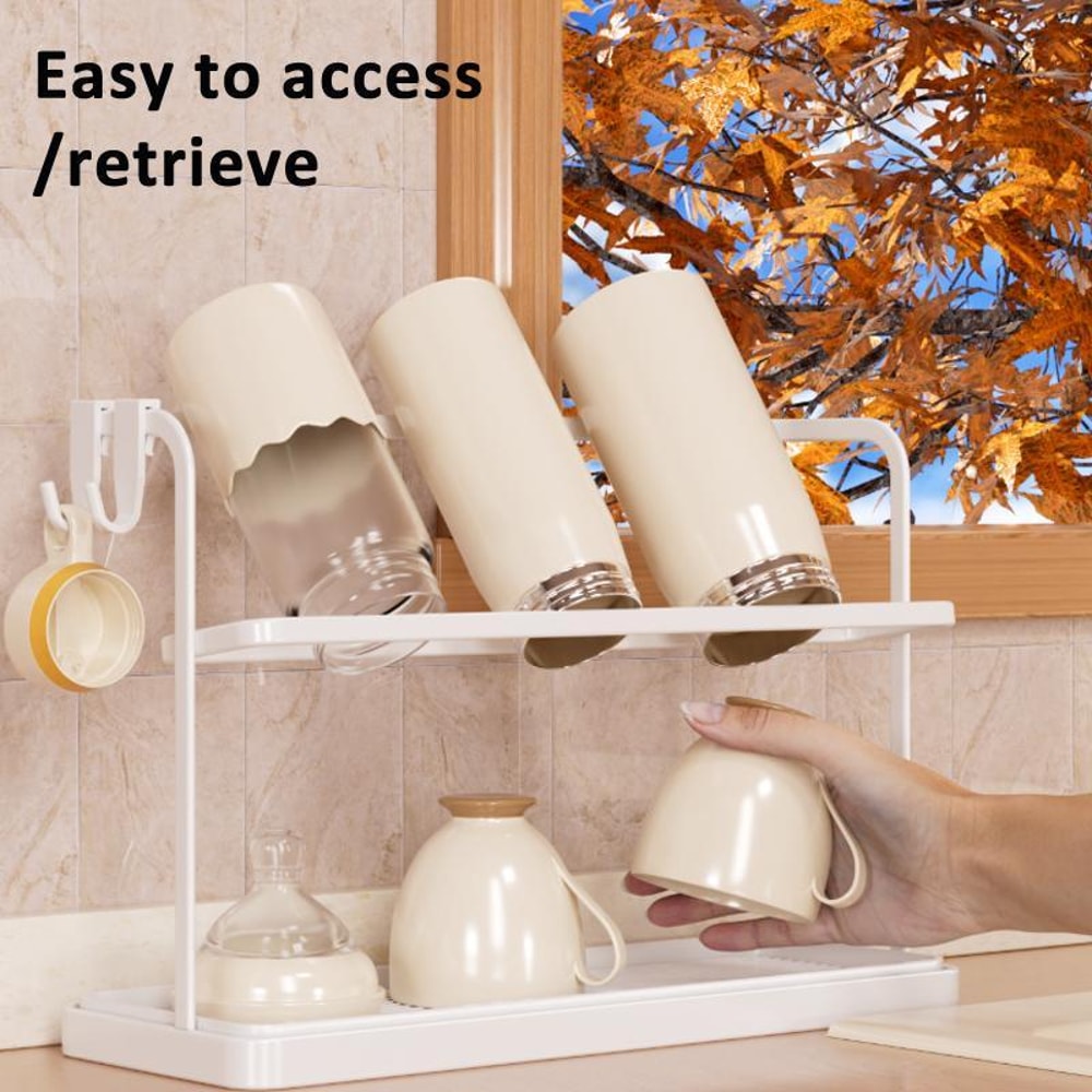 Double Tier Cup Rack Organizer with Drip Tray for Kitchen Counter Storage