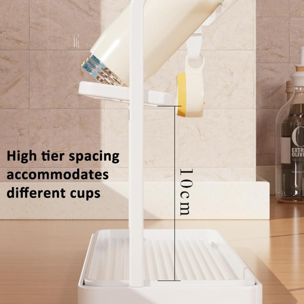 Double Tier Cup Rack Organizer with Drip Tray for Kitchen Counter Storage