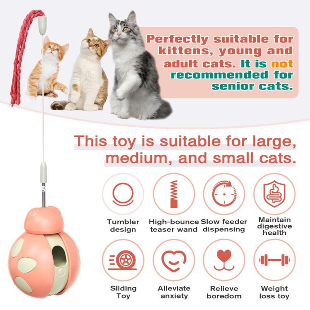 Interactive Cat Treat Dispenser Toy Self Balancing Cat Puzzle Feeder With Teaser Stick 3