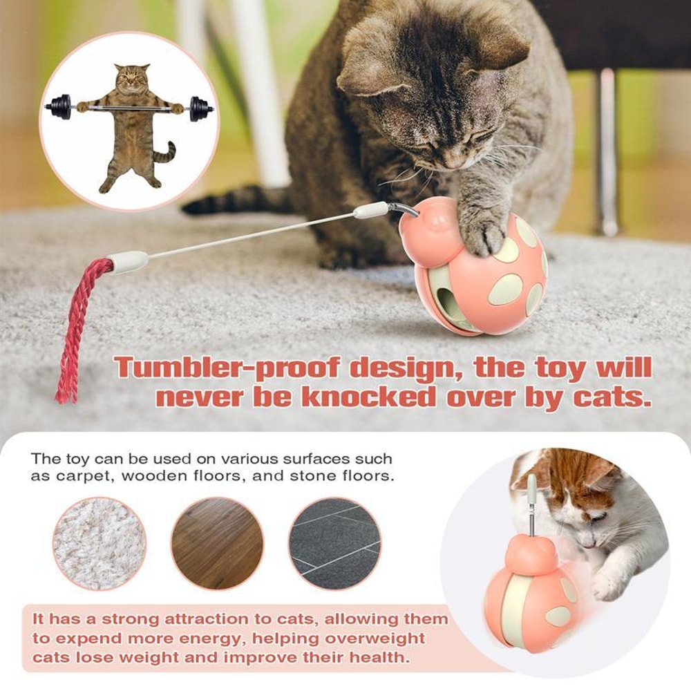 Interactive Cat Treat Dispenser Toy Self Balancing Cat Puzzle Feeder With Teaser Stick 6