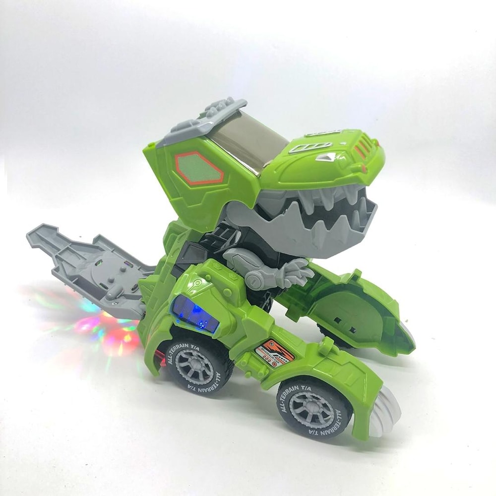 Electric Dinosaur Transforming Car Toy with Lights Music and Universal Wheels