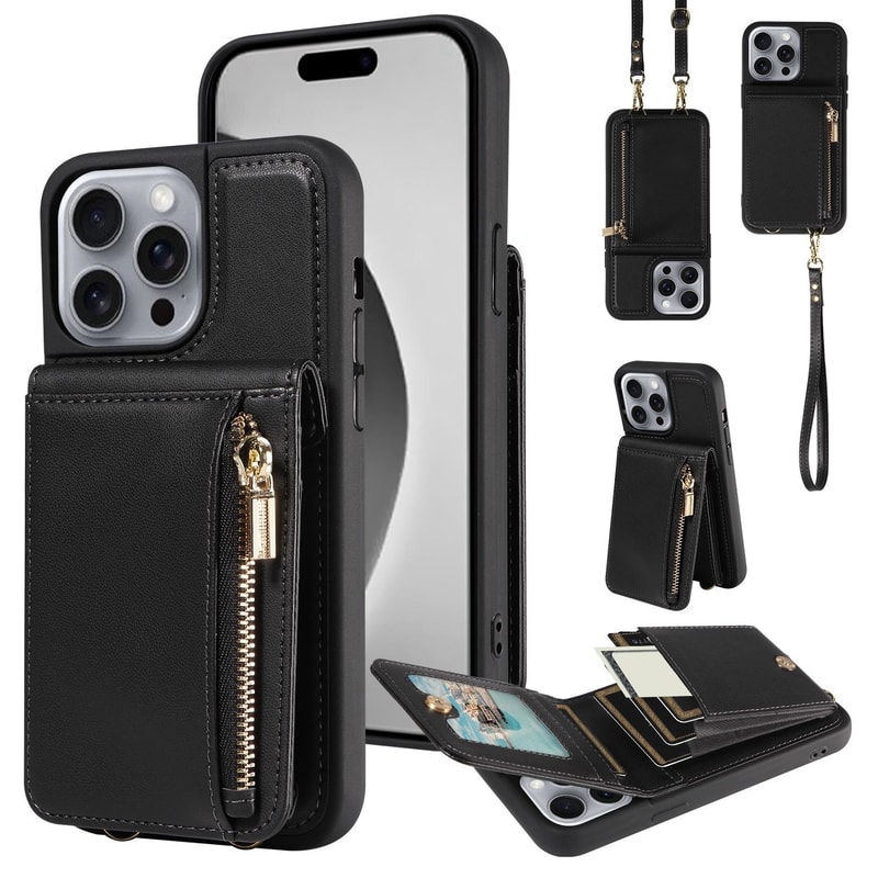 Leather Crossbody iPhone Wallet Case with Zipper Pocket & Lanyard Strap