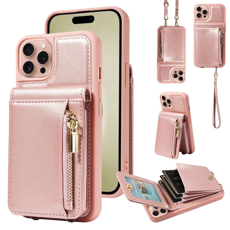 Leather Crossbody iPhone Wallet Case with Zipper Pocket & Lanyard Strap