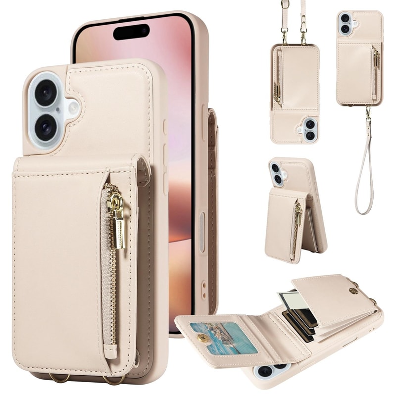 Leather Crossbody iPhone Wallet Case with Zipper Pocket & Lanyard Strap